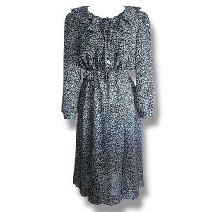 Vintage 80s Secretary Dress Medium Black White Floral Coquette Ruffle Tie Neck